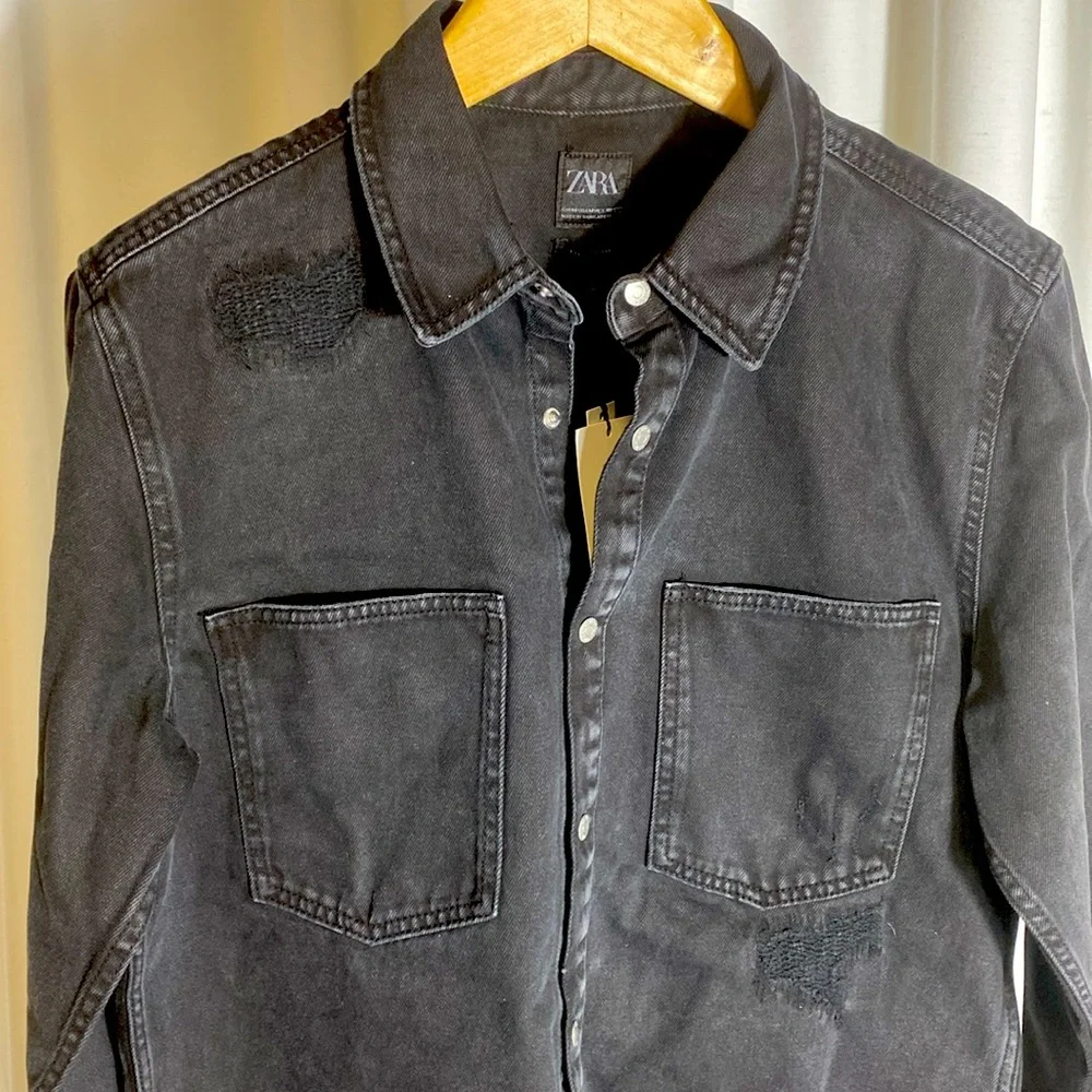 Zara Man Jacket Men Meduim Black Button Down Distressed Relaxed Fit Trucker